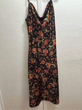 Inspired Hearts Black Slip Midi Dress with Rust & Gold Floral Print